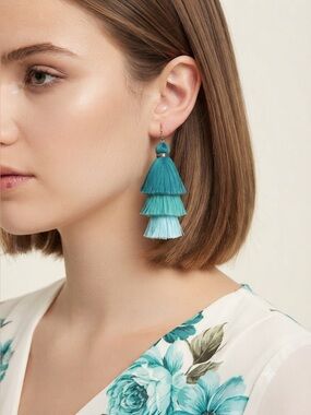 Teal Ombre Tassel Earrings | Tiered Fringe Boho Statement